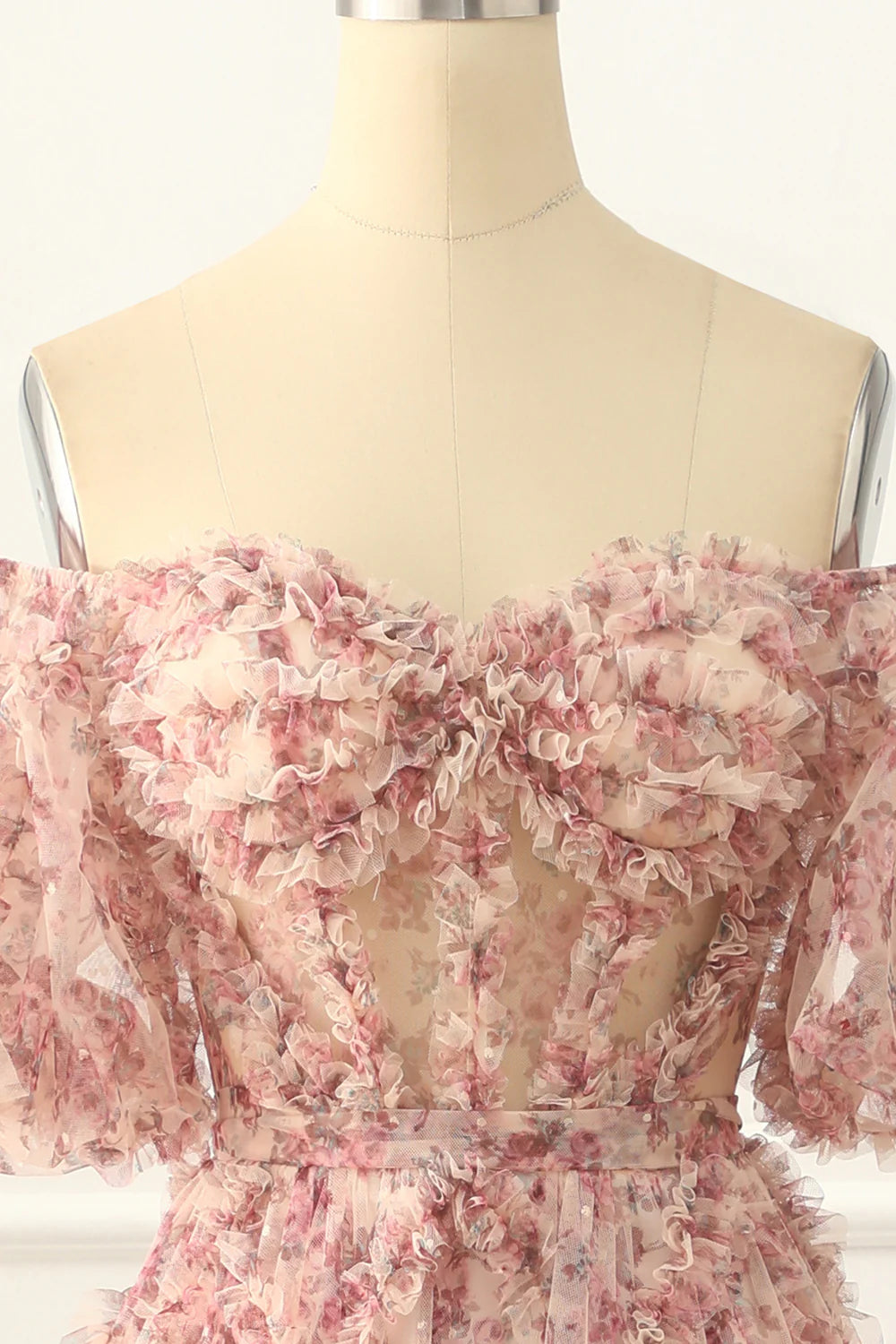 Robe de bal trapèze plissée à épaules dénudées et imprimé floral